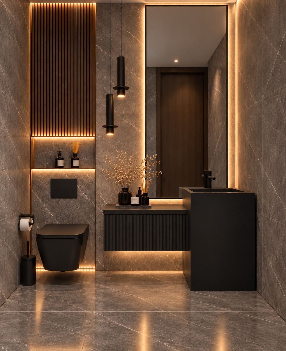 Siyah lavabolu taş banyo